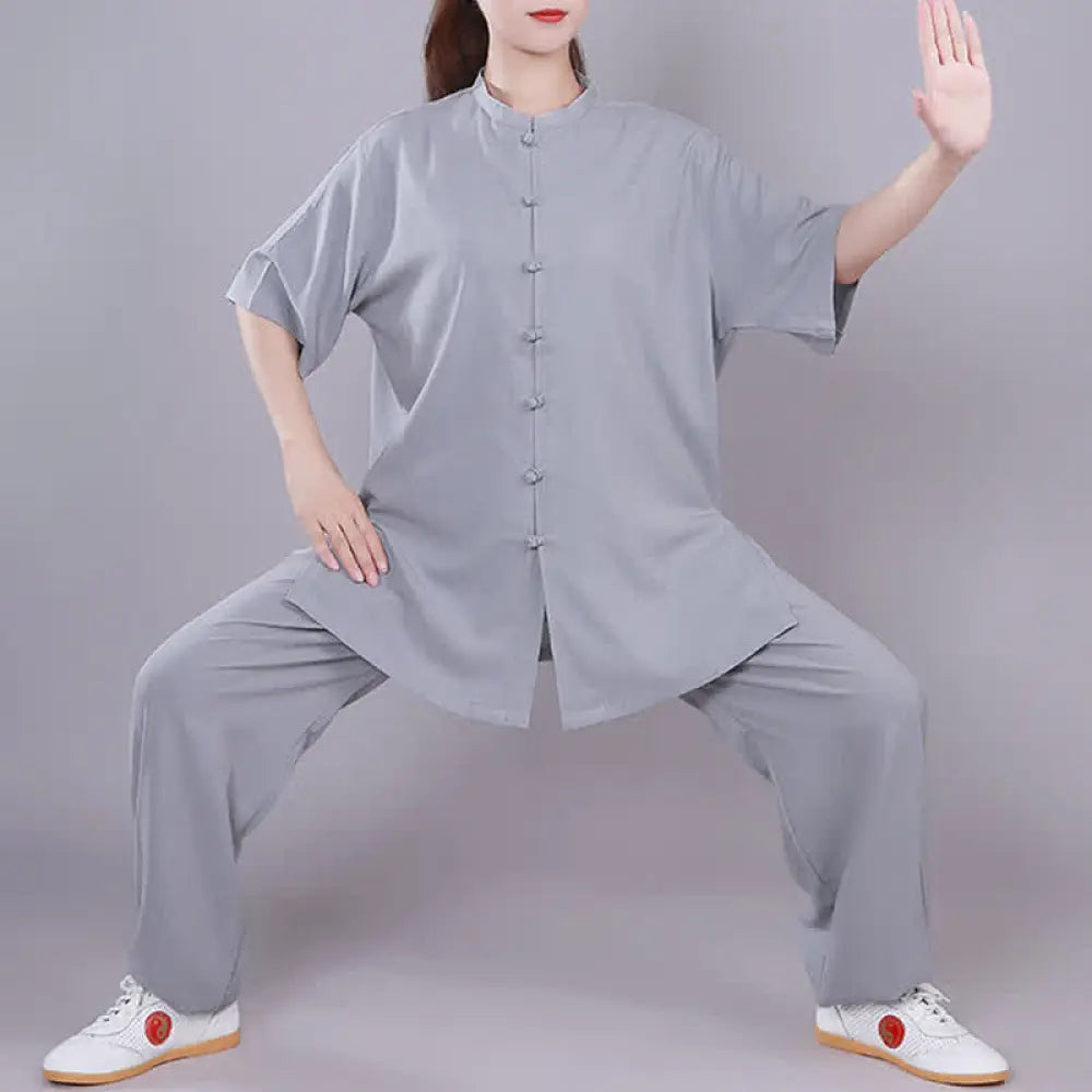 Buddha Stones Tai Chi Qigong Meditation Prayer Spiritual Zen Practice Unisex Cotton Linen Clothing Set - Gray / Short