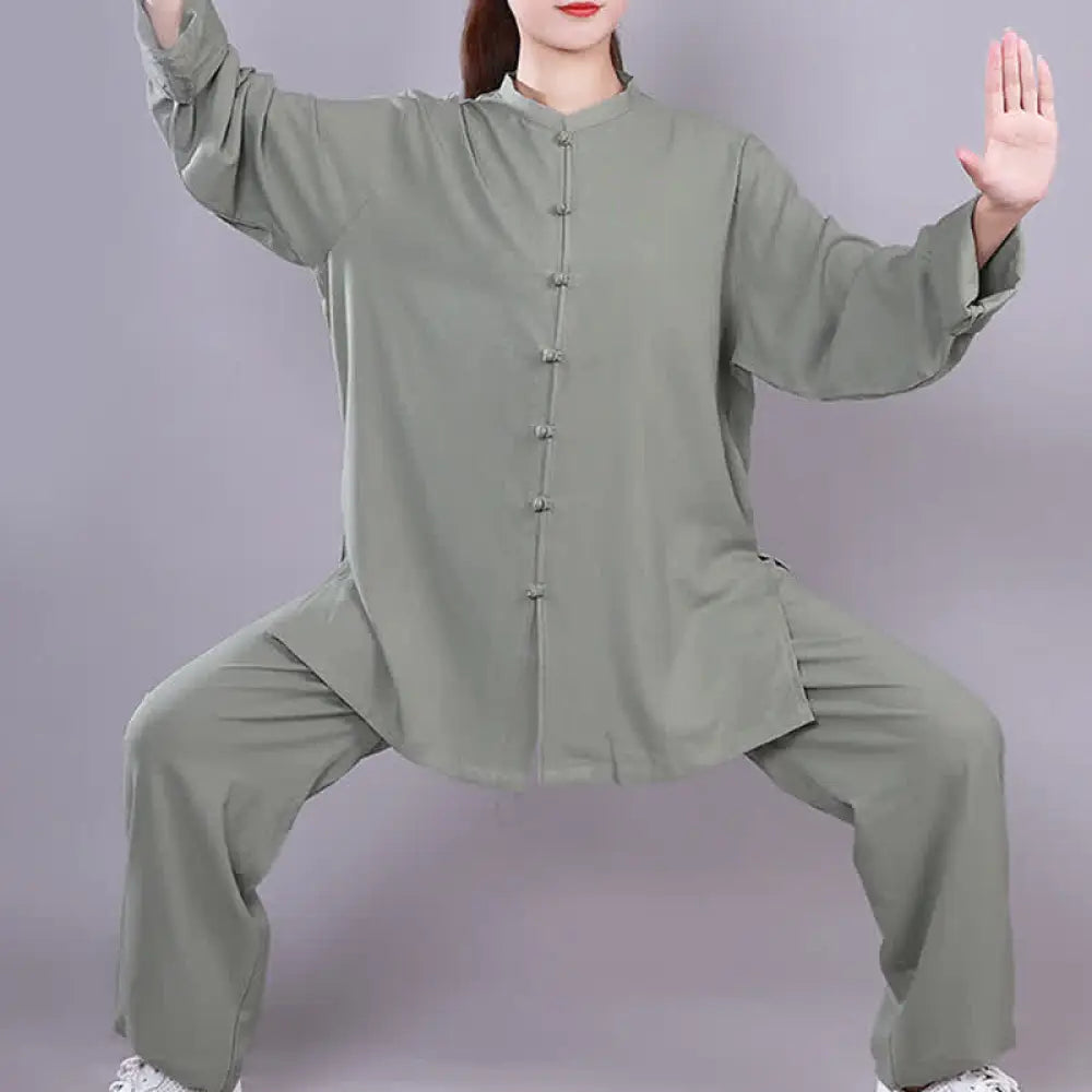 Buddha Stones Tai Chi Qigong Meditation Prayer Spiritual Zen Practice Unisex Cotton Linen Clothing Set - Green / Long