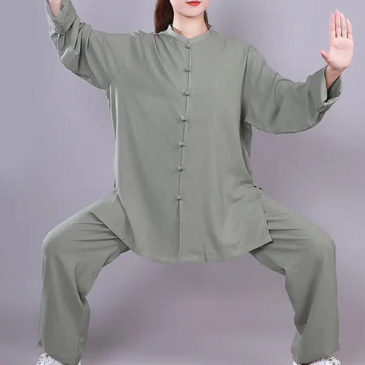 Buddha Stones Tai Chi Qigong Meditation Prayer Spiritual Zen Practice Unisex Cotton Linen Clothing Set - Green / Long