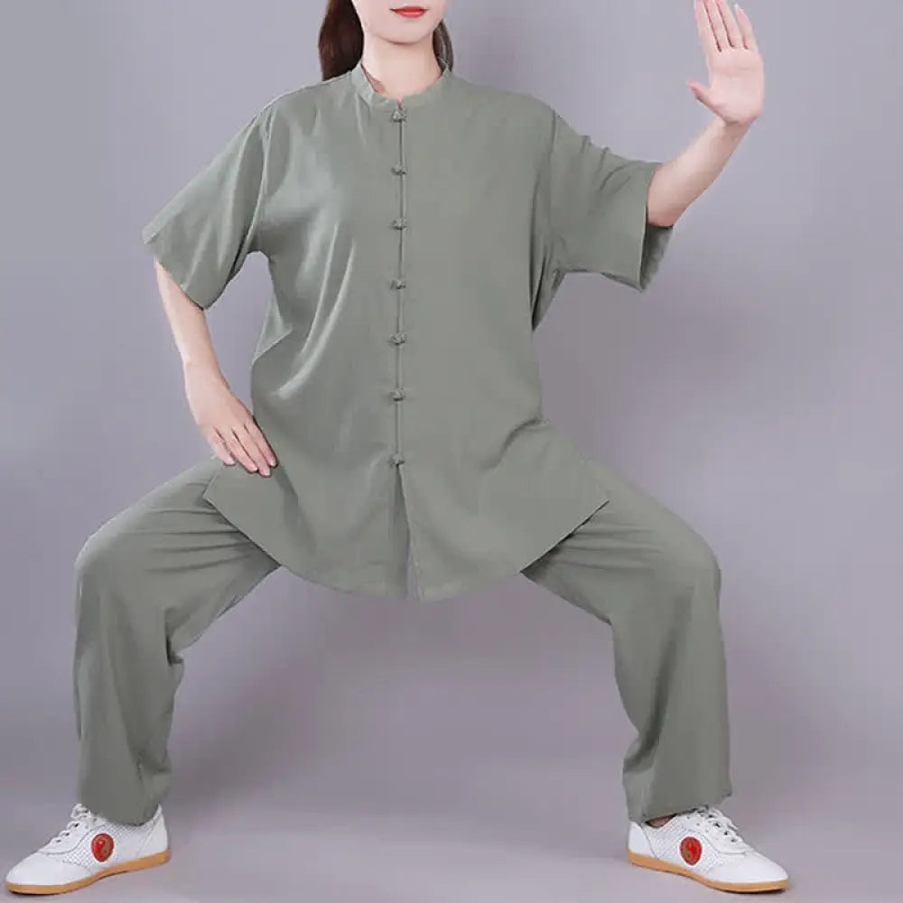 Buddha Stones Tai Chi Qigong Meditation Prayer Spiritual Zen Practice Unisex Cotton Linen Clothing Set - Green / Short