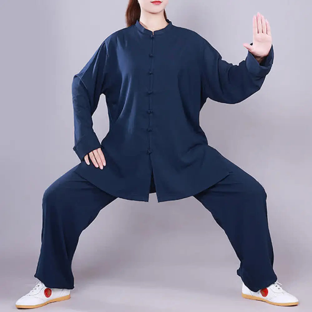 Buddha Stones Tai Chi Qigong Meditation Prayer Spiritual Zen Practice Unisex Cotton Linen Clothing Set - Navy Blue