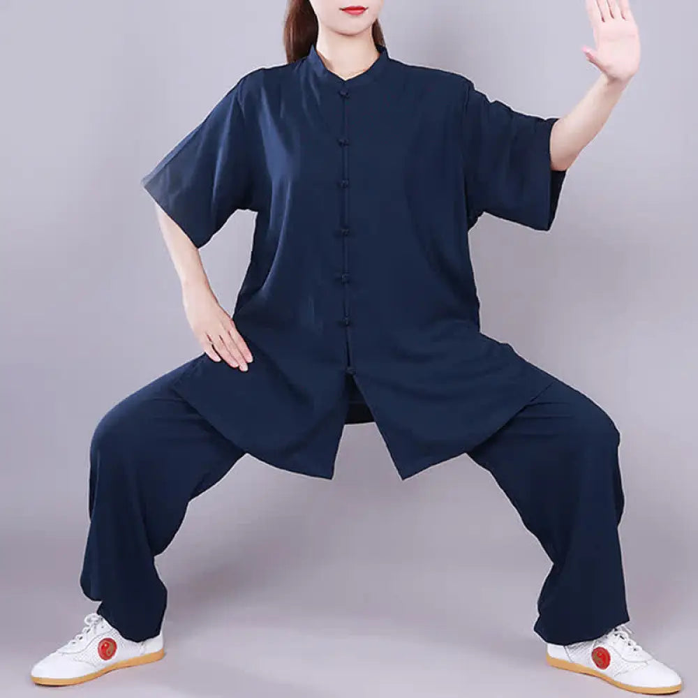 Buddha Stones Tai Chi Qigong Meditation Prayer Spiritual Zen Practice Unisex Cotton Linen Clothing Set - Navy Blue