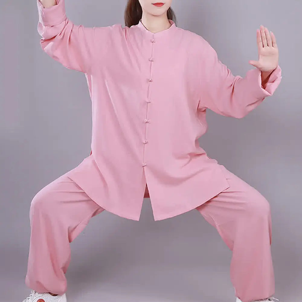 Buddha Stones Tai Chi Qigong Meditation Prayer Spiritual Zen Practice Unisex Cotton Linen Clothing Set - Pink / Long