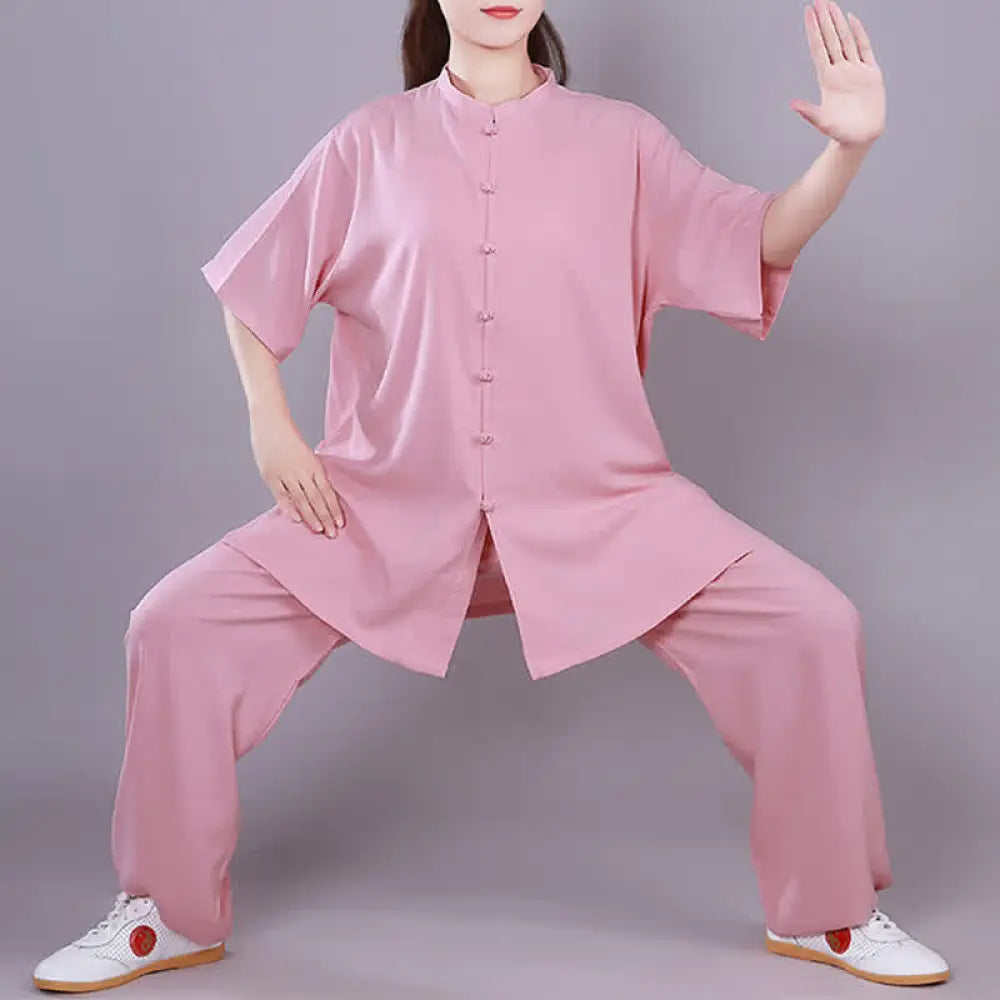 Buddha Stones Tai Chi Qigong Meditation Prayer Spiritual Zen Practice Unisex Cotton Linen Clothing Set - Pink / Short
