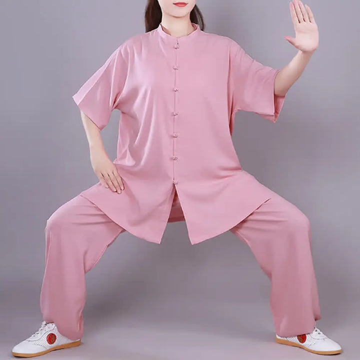 Buddha Stones Tai Chi Qigong Meditation Prayer Spiritual Zen Practice Unisex Cotton Linen Clothing Set - Pink / Short