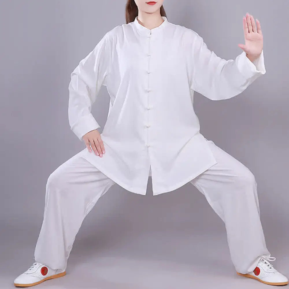 Buddha Stones Tai Chi Qigong Meditation Prayer Spiritual Zen Practice Unisex Cotton Linen Clothing Set - White / Long