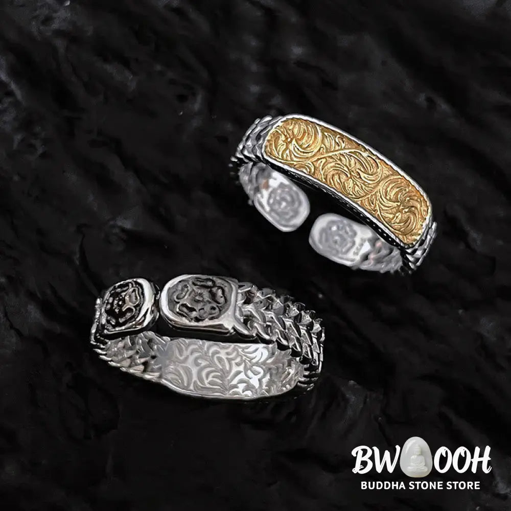 Buddha Stones Tang Dynasty Flower Design Engraved Copper Luck Cuff Bracelet Bangle Adjustable Ring - BWOOOH - Bracelet