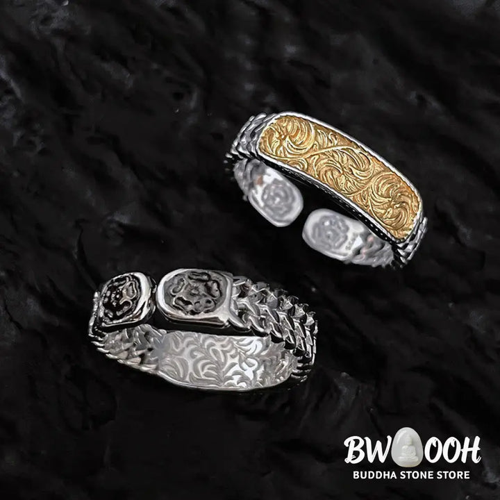 Buddha Stones Tang Dynasty Flower Design Engraved Copper Luck Cuff Bracelet Bangle Adjustable Ring - BWOOOH - Bracelet