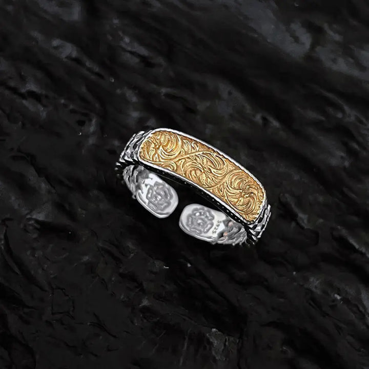 Buddha Stones Tang Dynasty Flower Design Engraved Copper Luck Cuff Bracelet Bangle Adjustable Ring - BWOOOH - Gold Tang