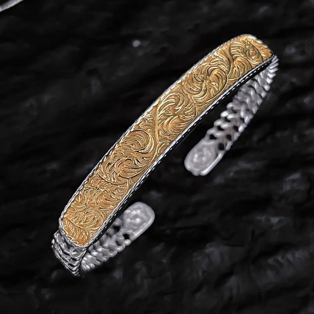 Buddha Stones Tang Dynasty Flower Design Engraved Copper Luck Cuff Bracelet Bangle Adjustable Ring - BWOOOH - Gold Tang
