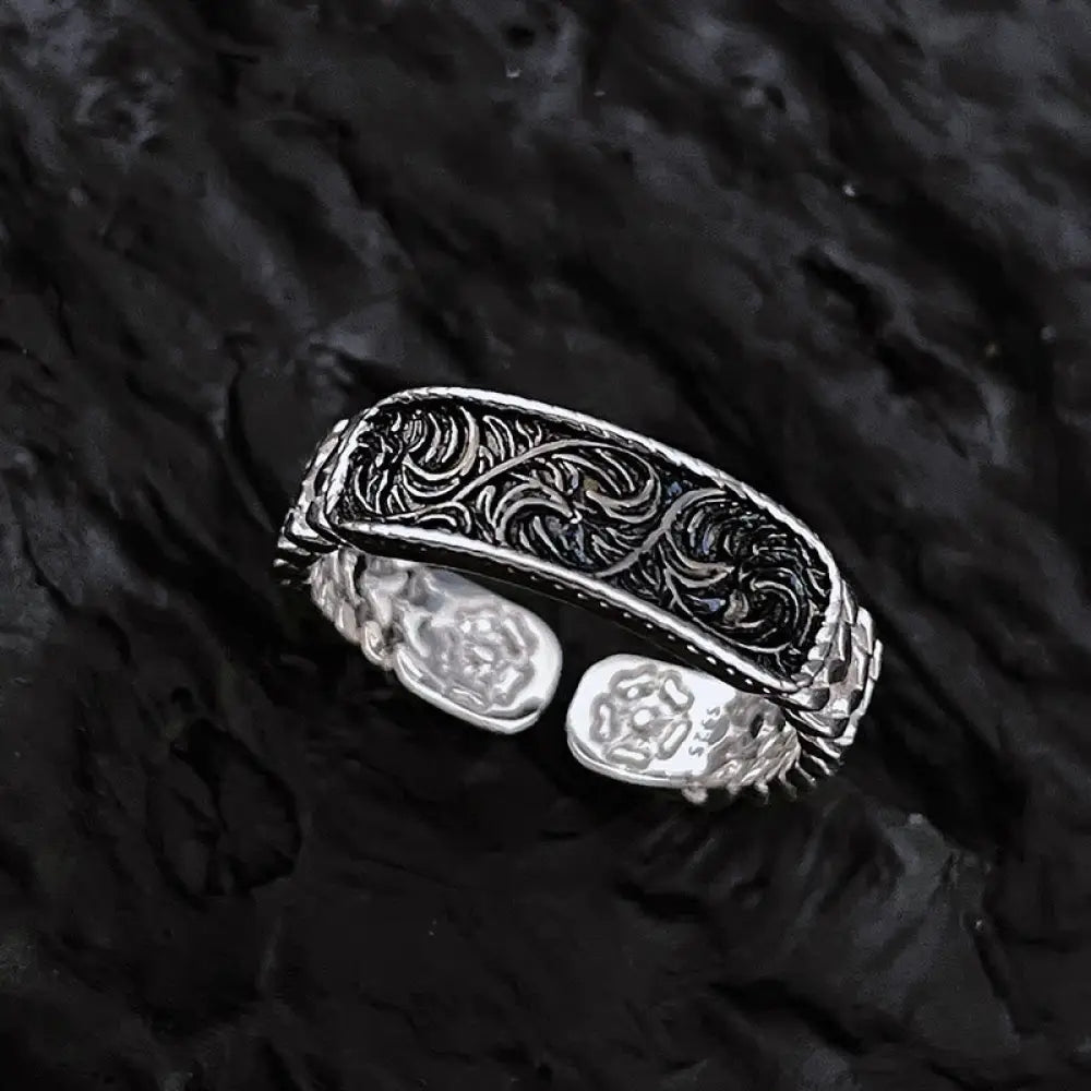 Buddha Stones Tang Dynasty Flower Design Engraved Copper Luck Cuff Bracelet Bangle Adjustable Ring - BWOOOH - Silver