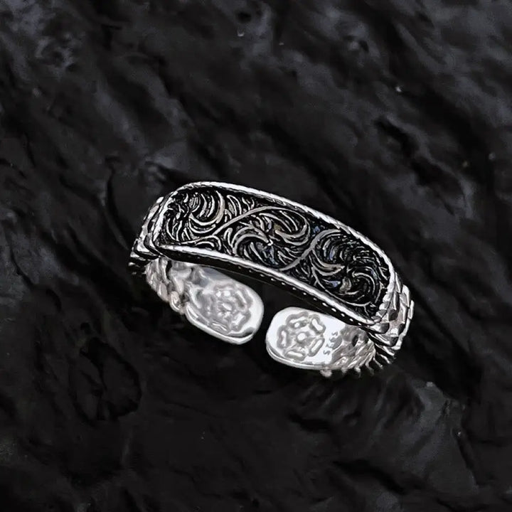 Buddha Stones Tang Dynasty Flower Design Engraved Copper Luck Cuff Bracelet Bangle Adjustable Ring - BWOOOH - Silver