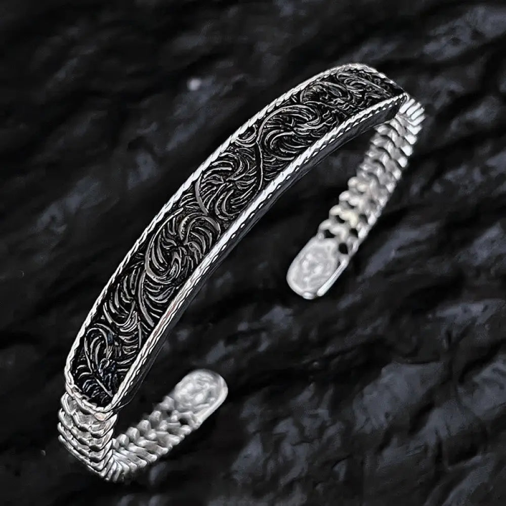 Buddha Stones Tang Dynasty Flower Design Engraved Copper Luck Cuff Bracelet Bangle Adjustable Ring - BWOOOH - Silver