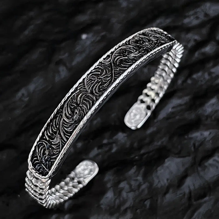 Buddha Stones Tang Dynasty Flower Design Engraved Copper Luck Cuff Bracelet Bangle Adjustable Ring - BWOOOH - Silver