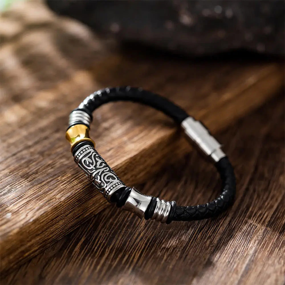 BWOOOH Tang Dynasty Flower Design Luck Stainless Steel Buckle Leather Bracelet - BWOOOH - 19cm fit for Wrist