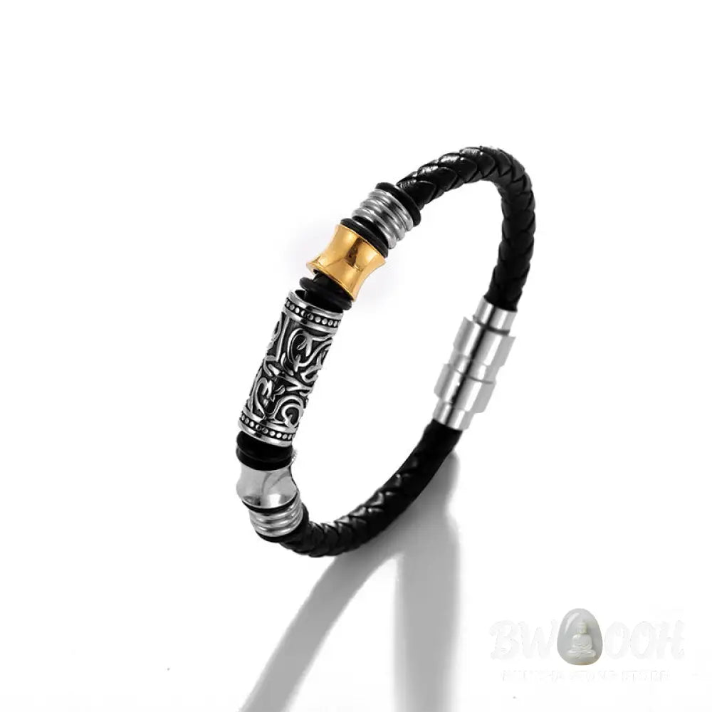 Buddha Stones Tang Dynasty Flower Design Luck Stainless Steel Buckle Leather Bracelet - BWOOOH - Bracelet