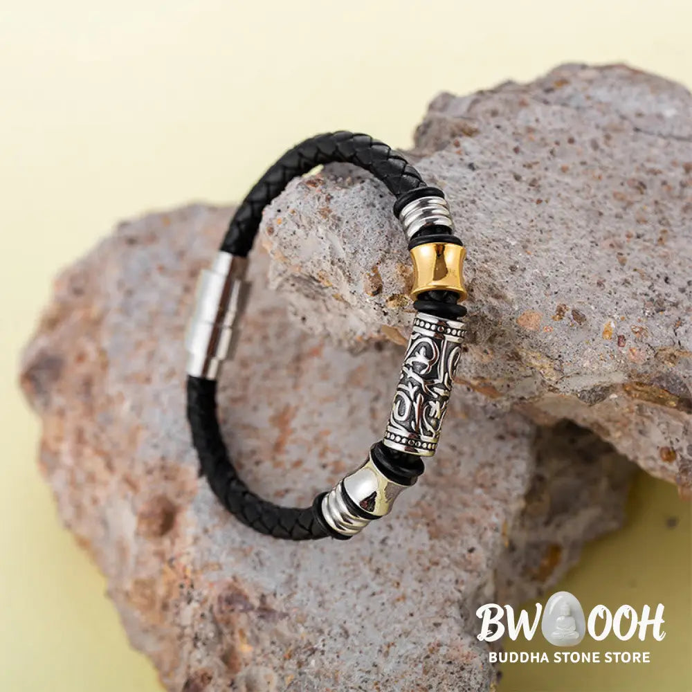 Buddha Stones Tang Dynasty Flower Design Luck Stainless Steel Buckle Leather Bracelet - BWOOOH - Bracelet