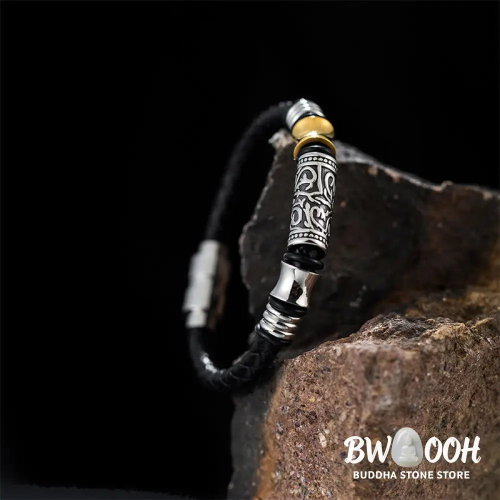 Buddha Stones Tang Dynasty Flower Design Luck Stainless Steel Buckle Leather Bracelet - BWOOOH - Bracelet