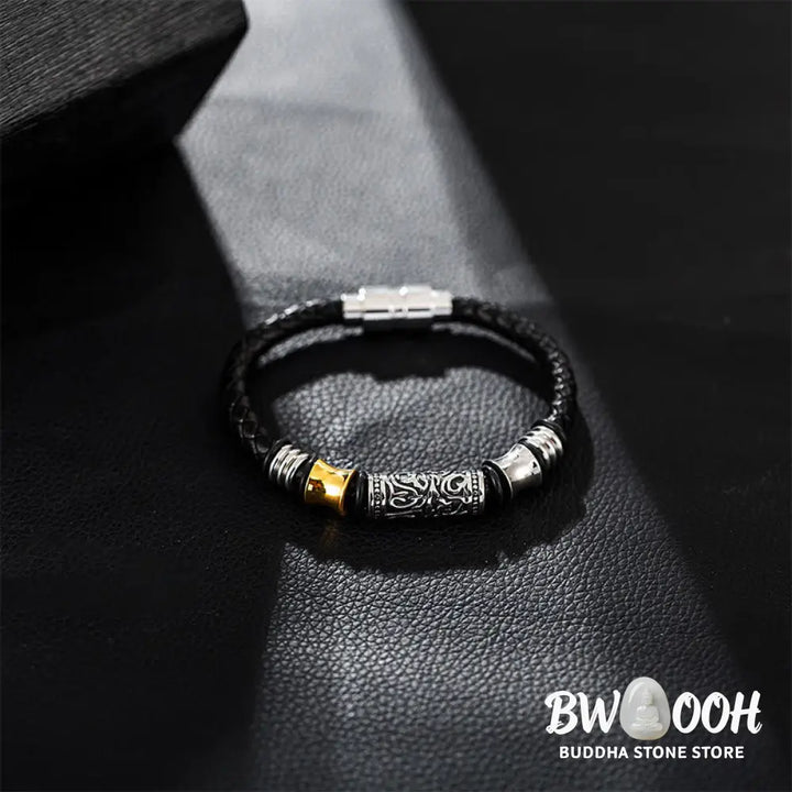 Buddha Stones Tang Dynasty Flower Design Luck Stainless Steel Buckle Leather Bracelet - BWOOOH - Bracelet
