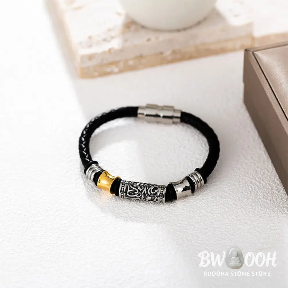 Buddha Stones Tang Dynasty Flower Design Luck Stainless Steel Buckle Leather Bracelet - BWOOOH - Bracelet