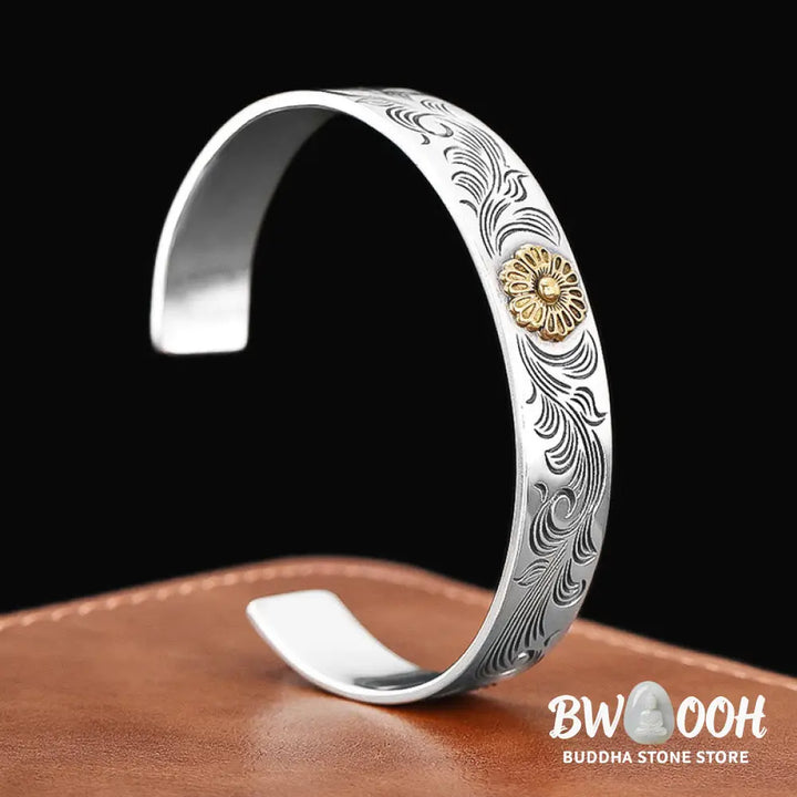 Buddha Stones Tang Dynasty Flower Design Rose Flower Feather Carved Copper Luck Bracelet Bangle - BWOOOH - Tang Dynasty