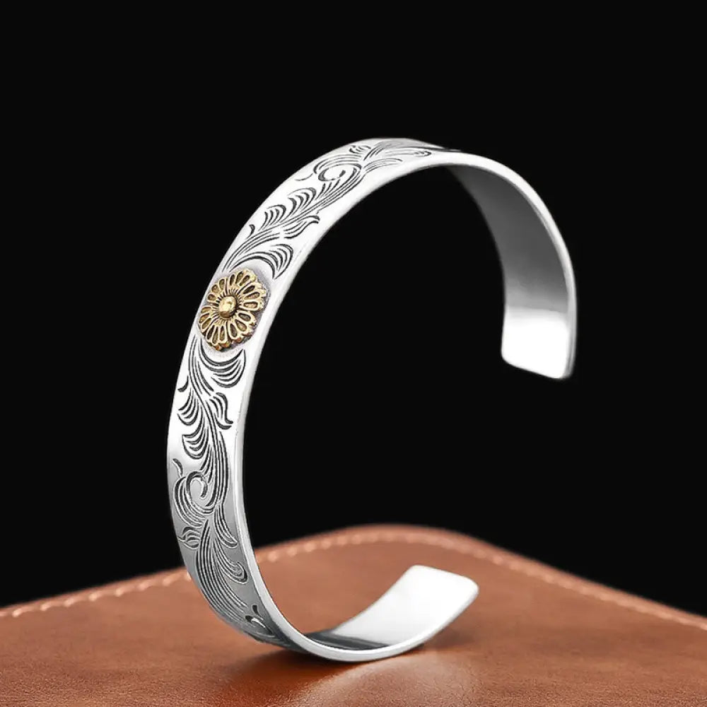 BWOOOH Tang Dynasty Flower Design Rose Flower Feather Carved Copper Luck Bracelet Bangle - BWOOOH - Tang Dynasty