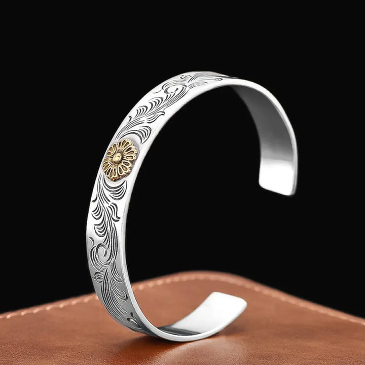 BWOOOH Tang Dynasty Flower Design Rose Flower Feather Carved Copper Luck Bracelet Bangle - BWOOOH - Tang Dynasty