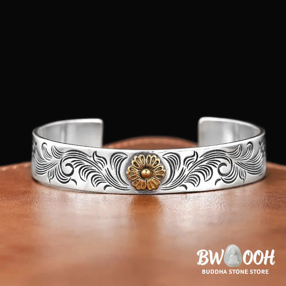 Buddha Stones Tang Dynasty Flower Design Rose Flower Feather Carved Copper Luck Bracelet Bangle - BWOOOH - Tang Dynasty