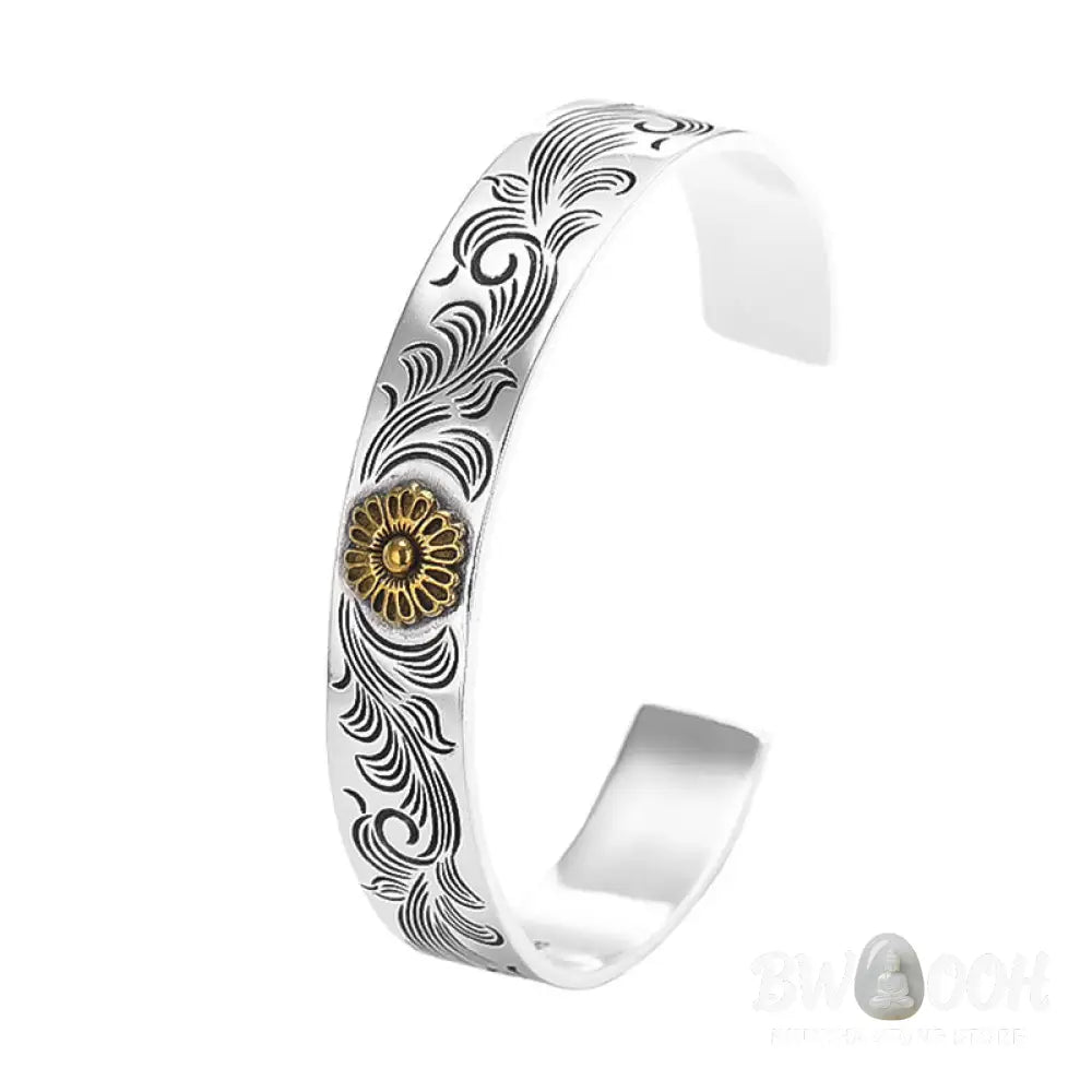 Buddha Stones Tang Dynasty Flower Design Rose Flower Feather Carved Copper Luck Bracelet Bangle - BWOOOH - Tang Dynasty
