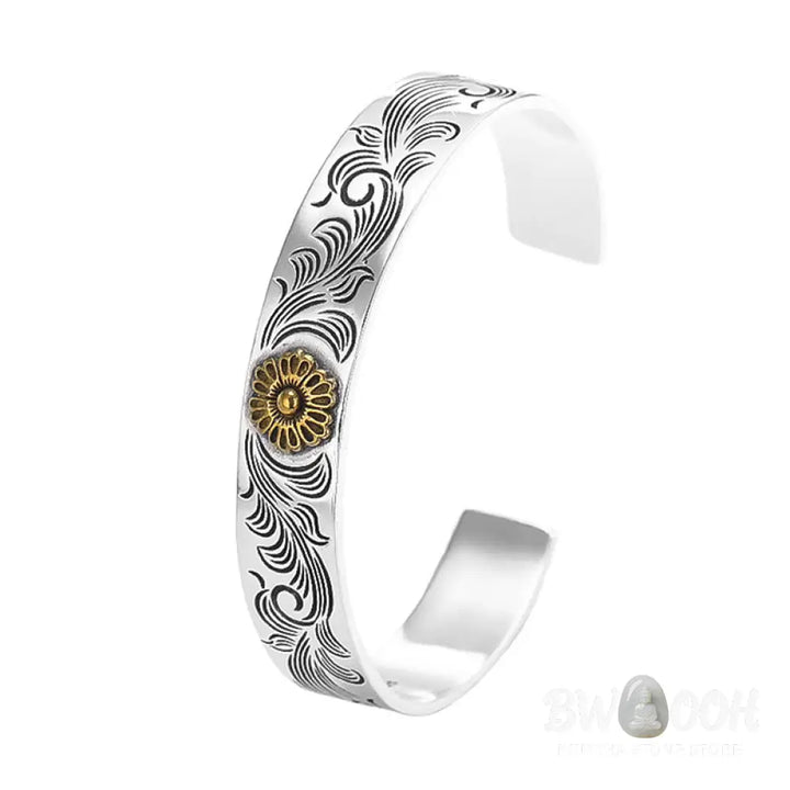 Buddha Stones Tang Dynasty Flower Design Rose Flower Feather Carved Copper Luck Bracelet Bangle - BWOOOH - Tang Dynasty