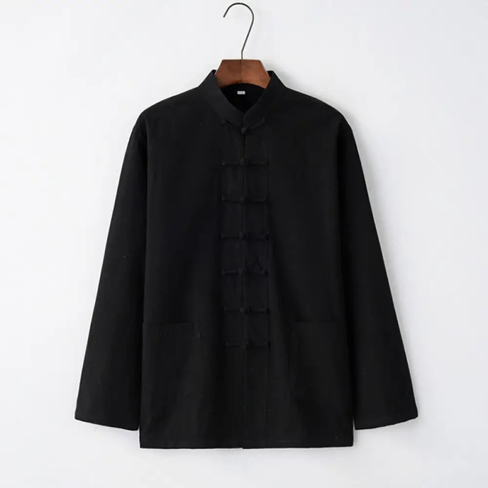 Buddha Stones Tang Frog-Button Long Sleeve Shirt Cotton Men’s Clothing - Black / US/UK/AU32，EU42 (S) - Men’s Shirts
