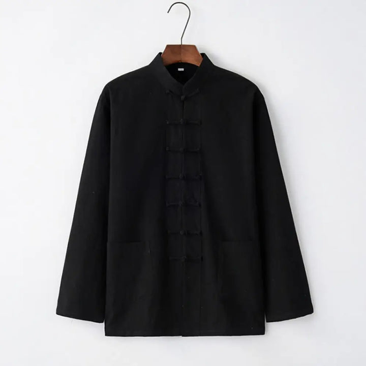 Buddha Stones Tang Frog-Button Long Sleeve Shirt Cotton Men’s Clothing - Black / US/UK/AU32，EU42 (S) - Men’s Shirts