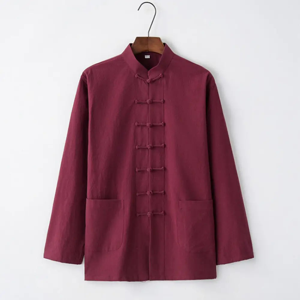 Buddha Stones Tang Frog-Button Long Sleeve Shirt Cotton Men’s Clothing - Crimson / US/UK/AU32，EU42 (S) - Men’s Shirts