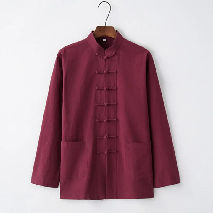 Buddha Stones Tang Frog-Button Long Sleeve Shirt Cotton Men’s Clothing - Crimson / US/UK/AU32，EU42 (S) - Men’s Shirts