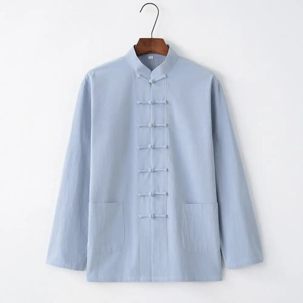 Buddha Stones Tang Frog-Button Long Sleeve Shirt Cotton Men’s Clothing - LightSkyBlue / US/UK/AU32，EU42 (S) - Men’s