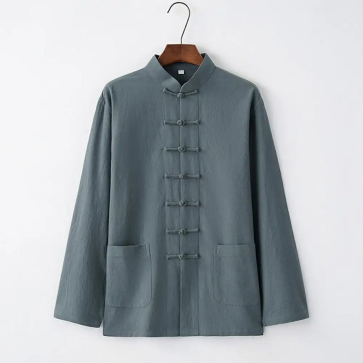 Buddha Stones Tang Frog-Button Long Sleeve Shirt Cotton Men’s Clothing - LightSteelBlue / US/UK/AU32，EU42 (S) - Men’s