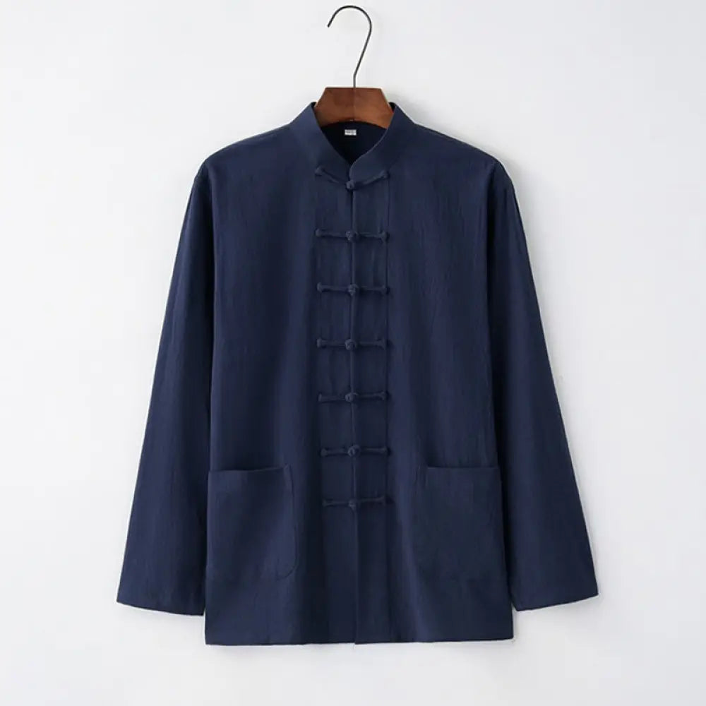 Buddha Stones Tang Frog-Button Long Sleeve Shirt Cotton Men’s Clothing - MidnightBlue / US/UK/AU32，EU42 (S) - Men’s