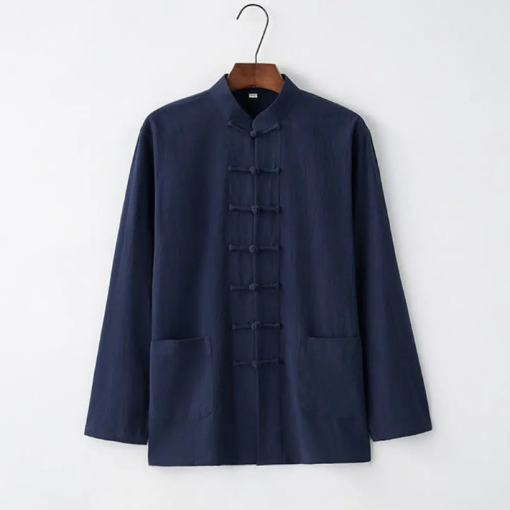 Buddha Stones Tang Frog-Button Long Sleeve Shirt Cotton Men’s Clothing - MidnightBlue / US/UK/AU32，EU42 (S) - Men’s
