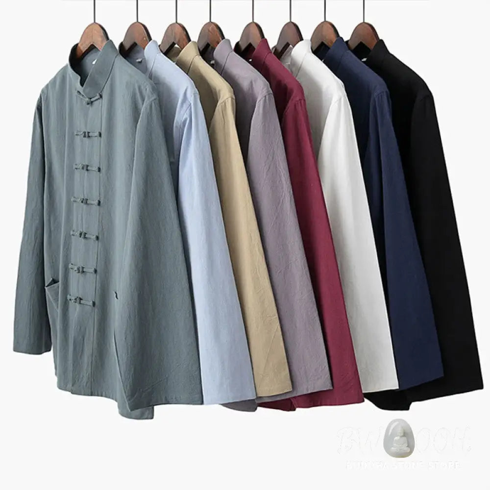 Buddha Stones Tang Frog-Button Long Sleeve Shirt Cotton Men’s Clothing - Men’s Shirts