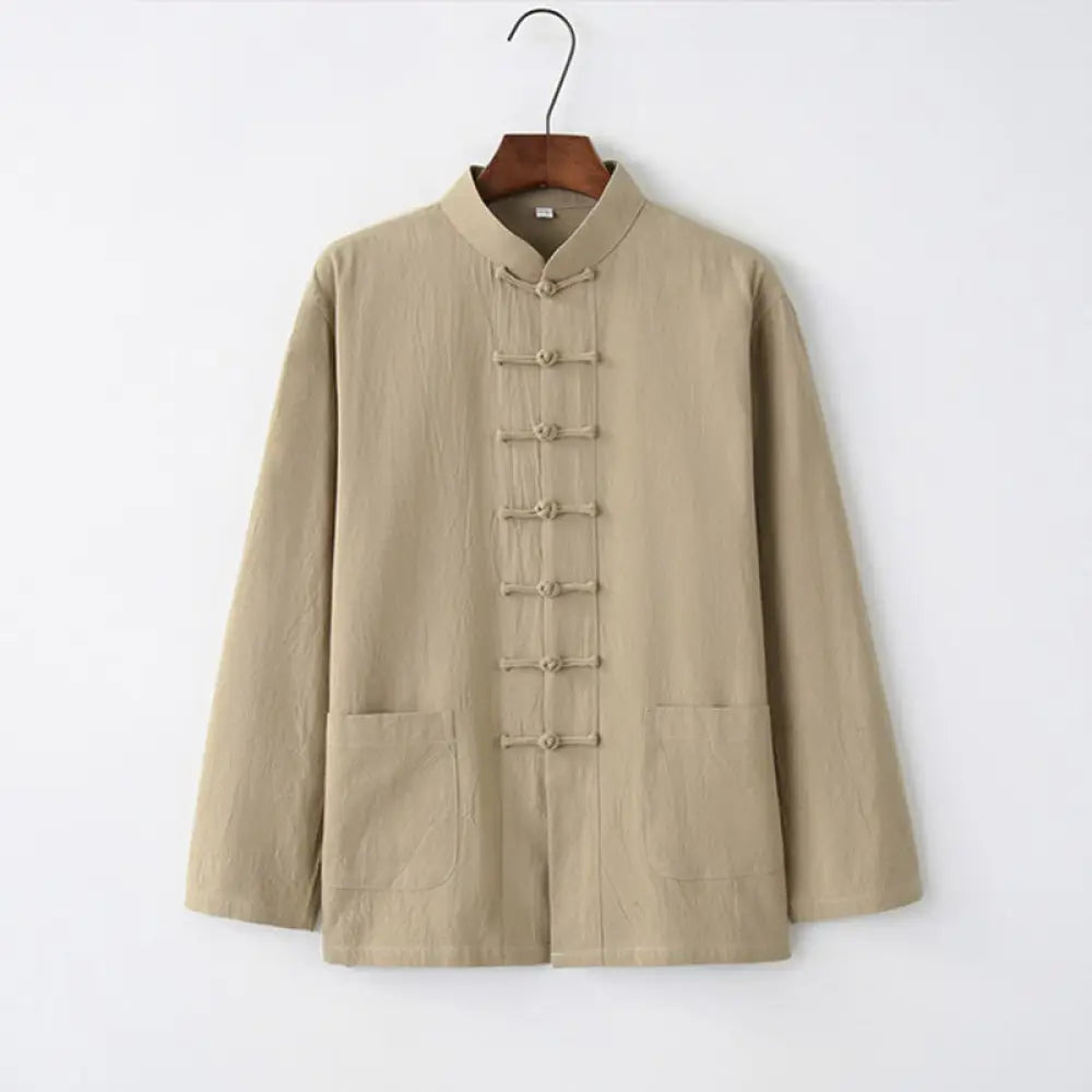 Buddha Stones Tang Frog-Button Long Sleeve Shirt Cotton Men’s Clothing - Tan / US/UK/AU32，EU42 (S) - Men’s Shirts