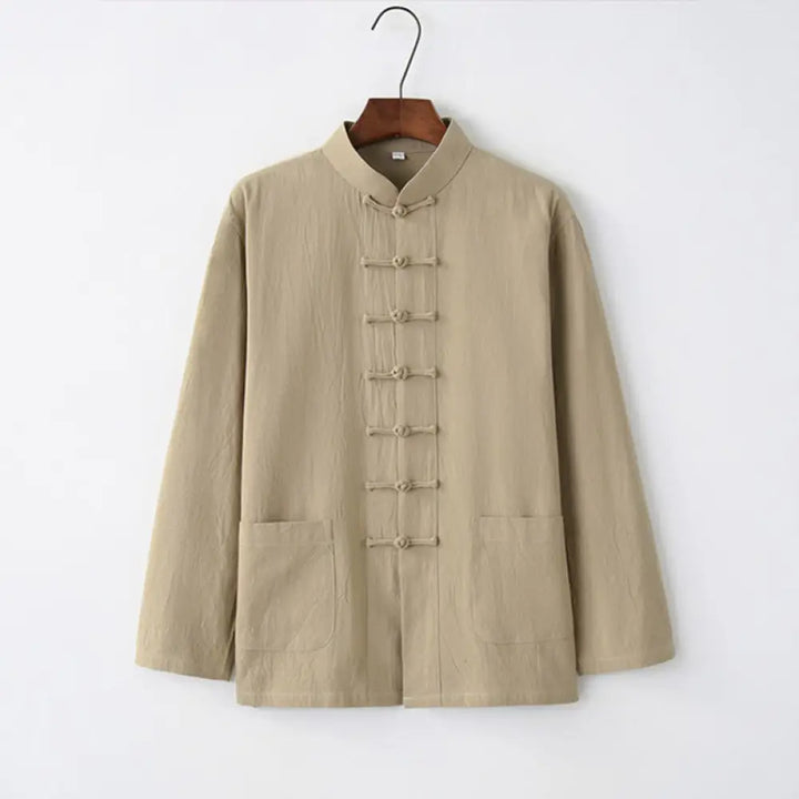 Buddha Stones Tang Frog-Button Long Sleeve Shirt Cotton Men’s Clothing - Tan / US/UK/AU32，EU42 (S) - Men’s Shirts
