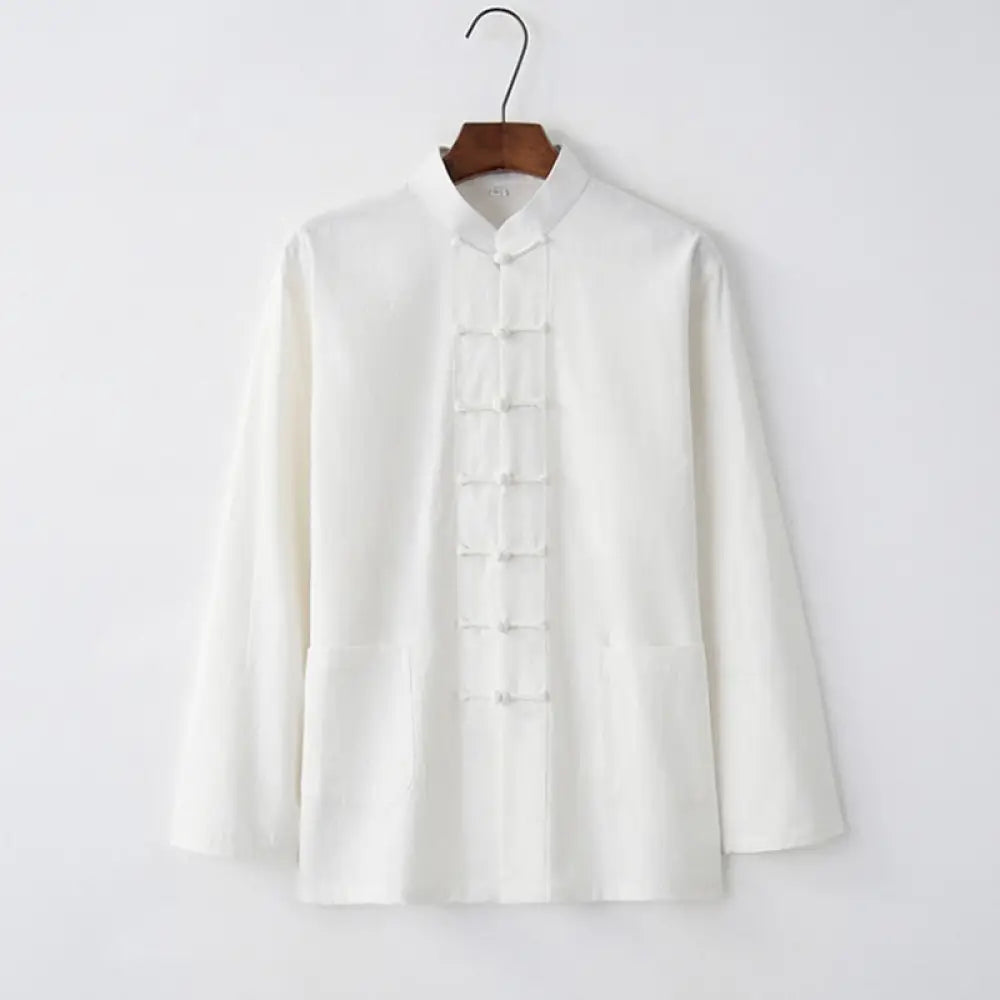 Buddha Stones Tang Frog-Button Long Sleeve Shirt Cotton Men’s Clothing - White / US/UK/AU32，EU42 (S) - Men’s Shirts