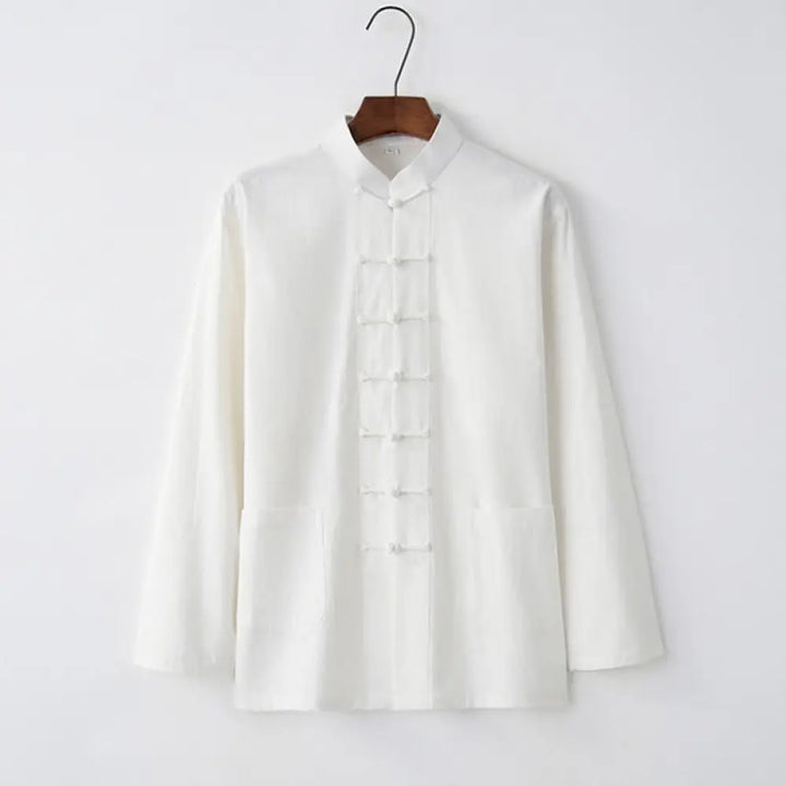 Buddha Stones Tang Frog-Button Long Sleeve Shirt Cotton Men’s Clothing - White / US/UK/AU32，EU42 (S) - Men’s Shirts