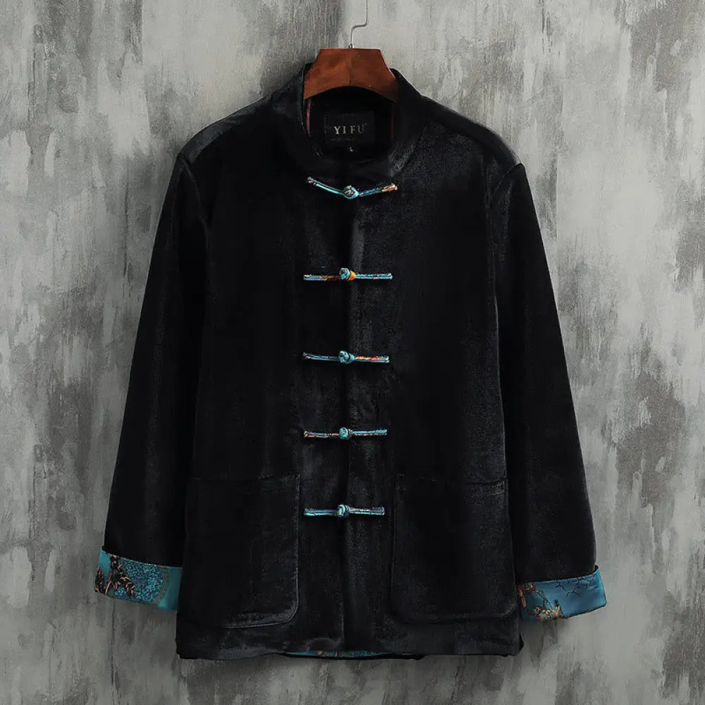 Buddha Stones Tang Suit Frog-button Round Neck Cotton Men’s Jacket Shirt Clothing - Blue Button / US/UK/AU34，EU44 (M)
