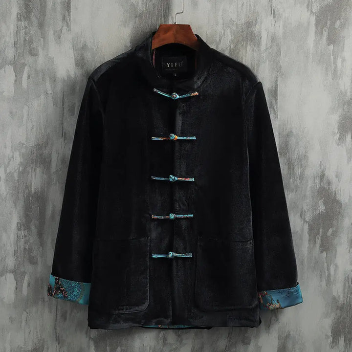 Buddha Stones Tang Suit Frog-button Round Neck Cotton Men’s Jacket Shirt Clothing - Blue Button / US/UK/AU34，EU44 (M)