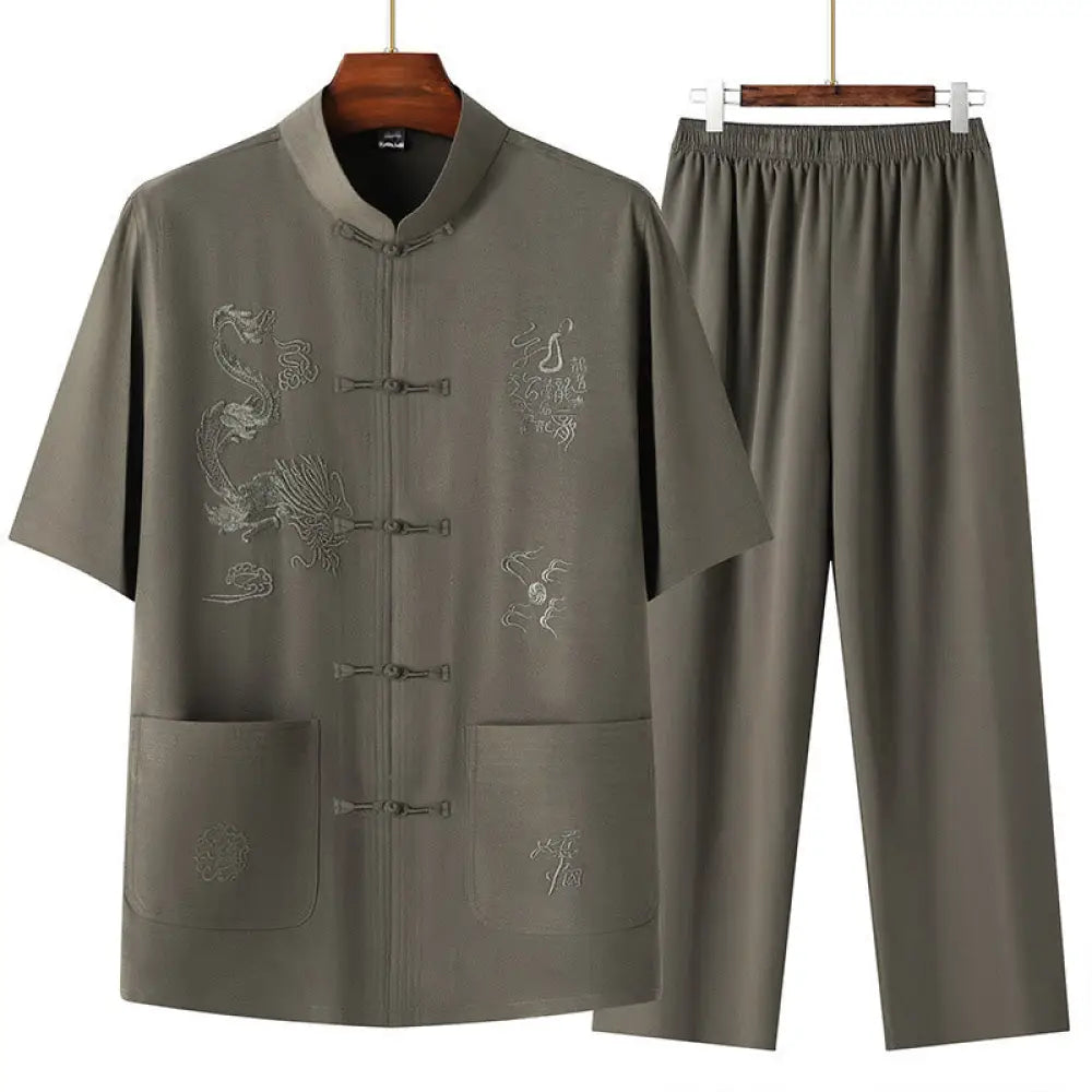 Buddha Stones Tang Suit Hanfu Chinese Dragon Traditional Kung Fu Uniform Short Sleeve Tops and Pants Clothing Men’s Set
