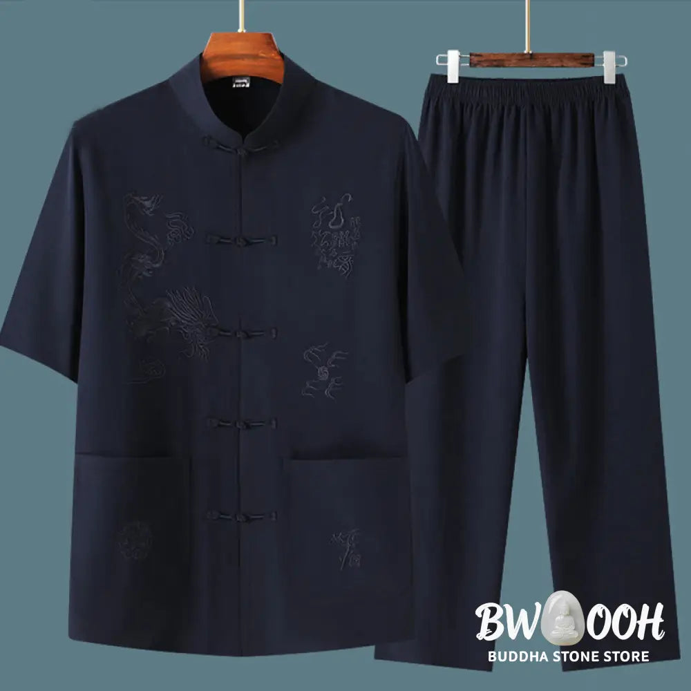 Buddha Stones Tang Suit Hanfu Chinese Dragon Traditional Kung Fu Uniform Short Sleeve Tops and Pants Clothing Men’s Set