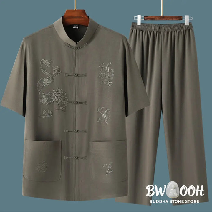 Buddha Stones Tang Suit Hanfu Chinese Dragon Traditional Kung Fu Uniform Short Sleeve Tops and Pants Clothing Men’s Set