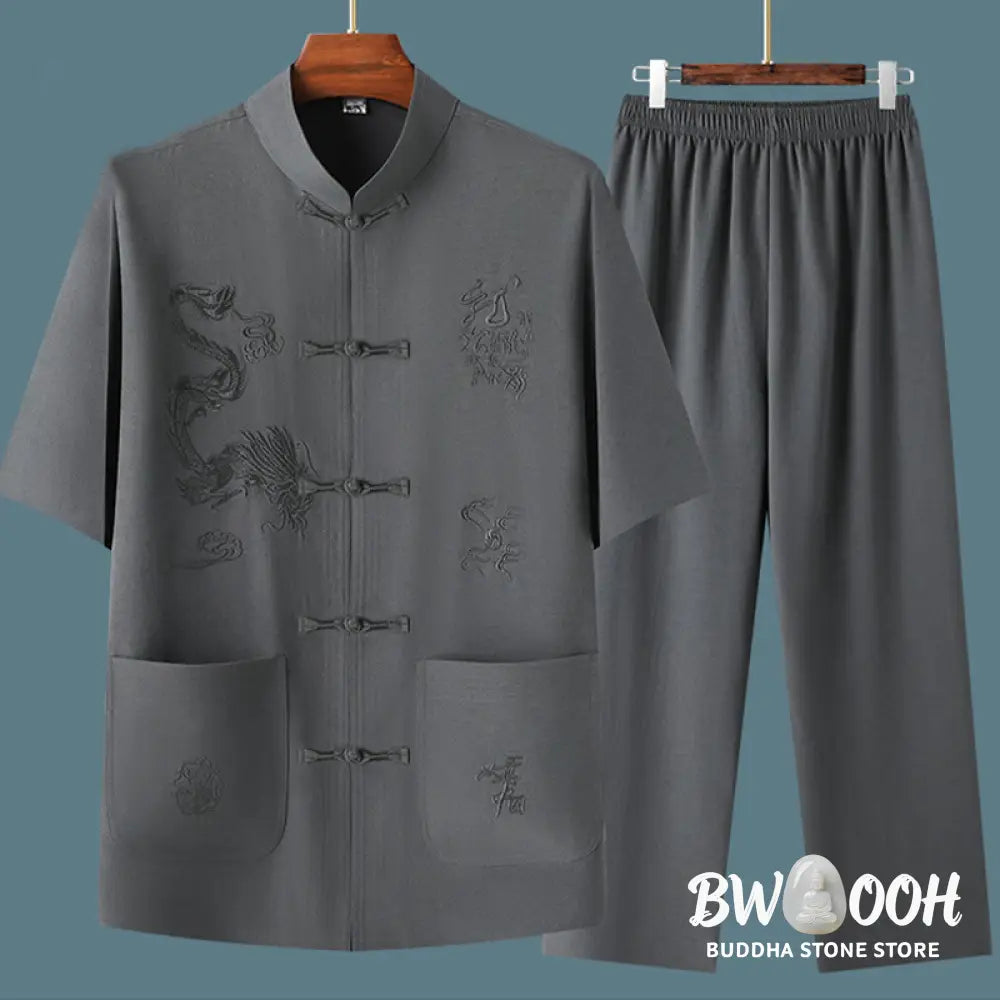 Buddha Stones Tang Suit Hanfu Chinese Dragon Traditional Kung Fu Uniform Short Sleeve Tops and Pants Clothing Men’s Set