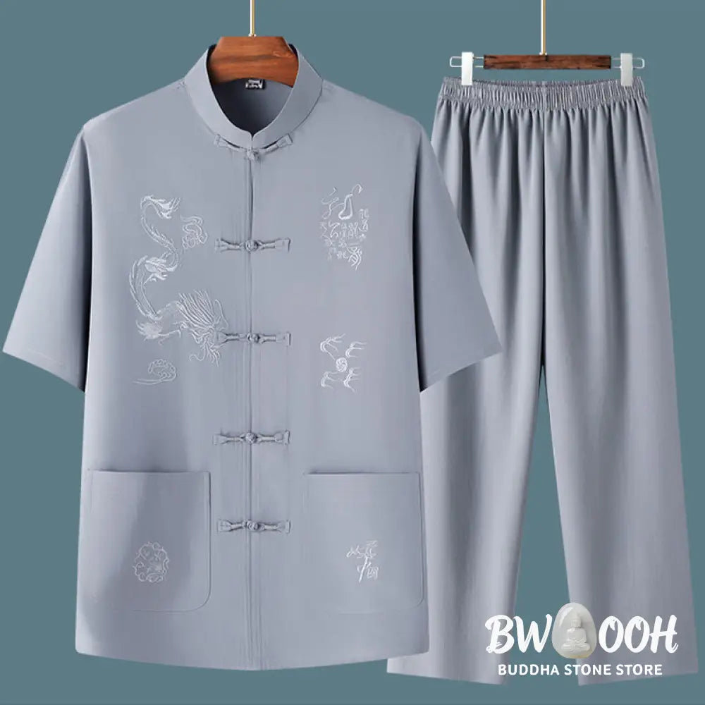 Buddha Stones Tang Suit Hanfu Chinese Dragon Traditional Kung Fu Uniform Short Sleeve Tops and Pants Clothing Men’s Set